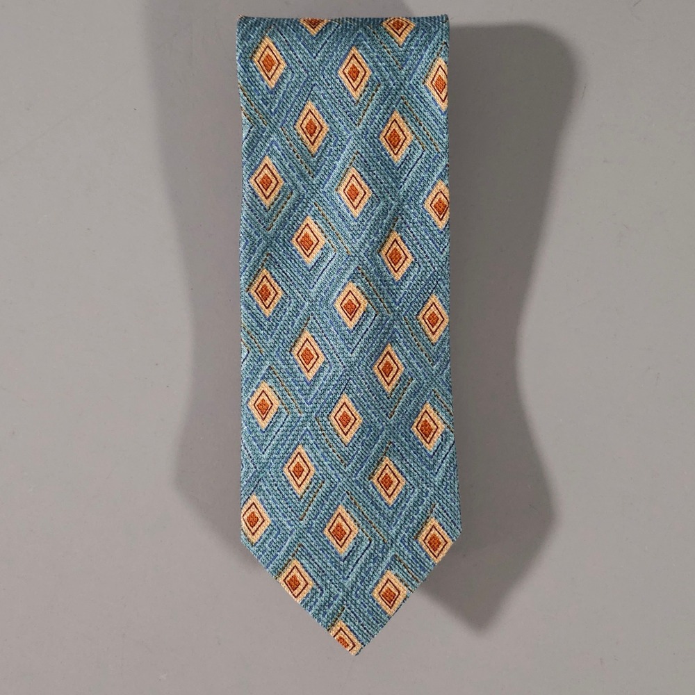 Ermenegildo Zegna Tie Mens OS Blue Gold Diamond Geometric Silk Made in Italy